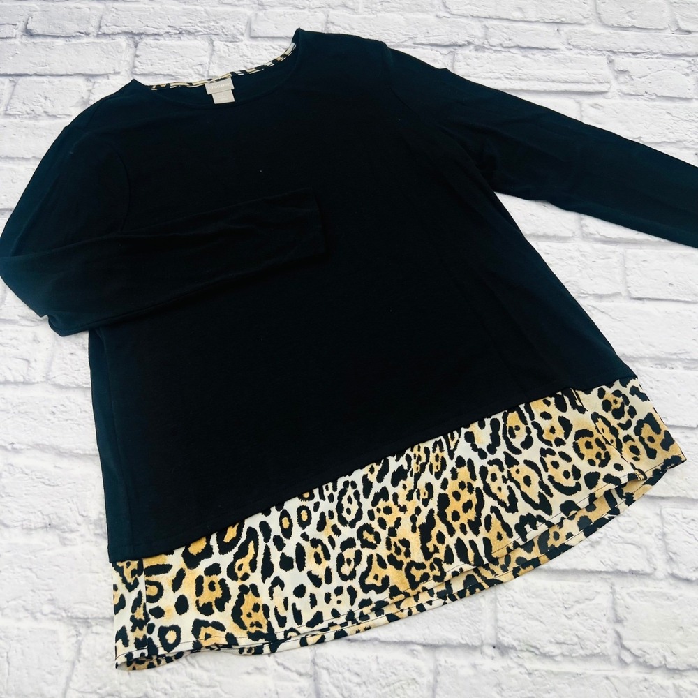 Chicos Women's Sz 1 Small 8/10 Black Long Sleeve Shirt Blouse Leopard Print Trim